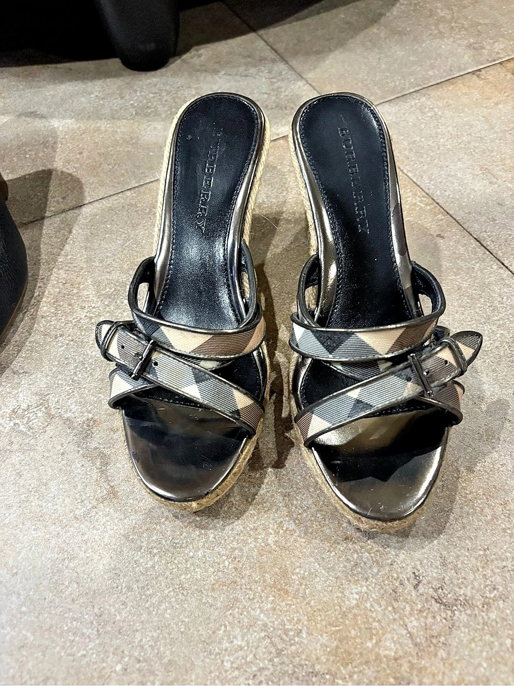 Burberry Check Espadrille Wedge Sandals Black & Pink EU 39